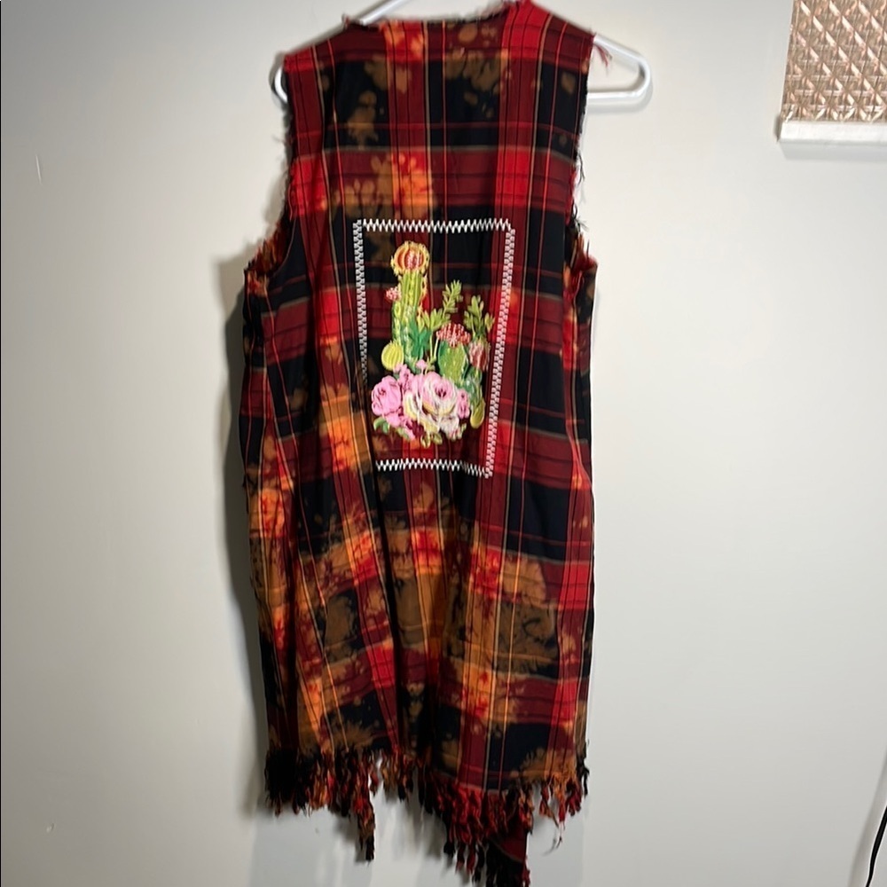 Andrée by Unit Plaid Embroidered Fringe Vest Boho Western Duster M - Picture 6 of 6